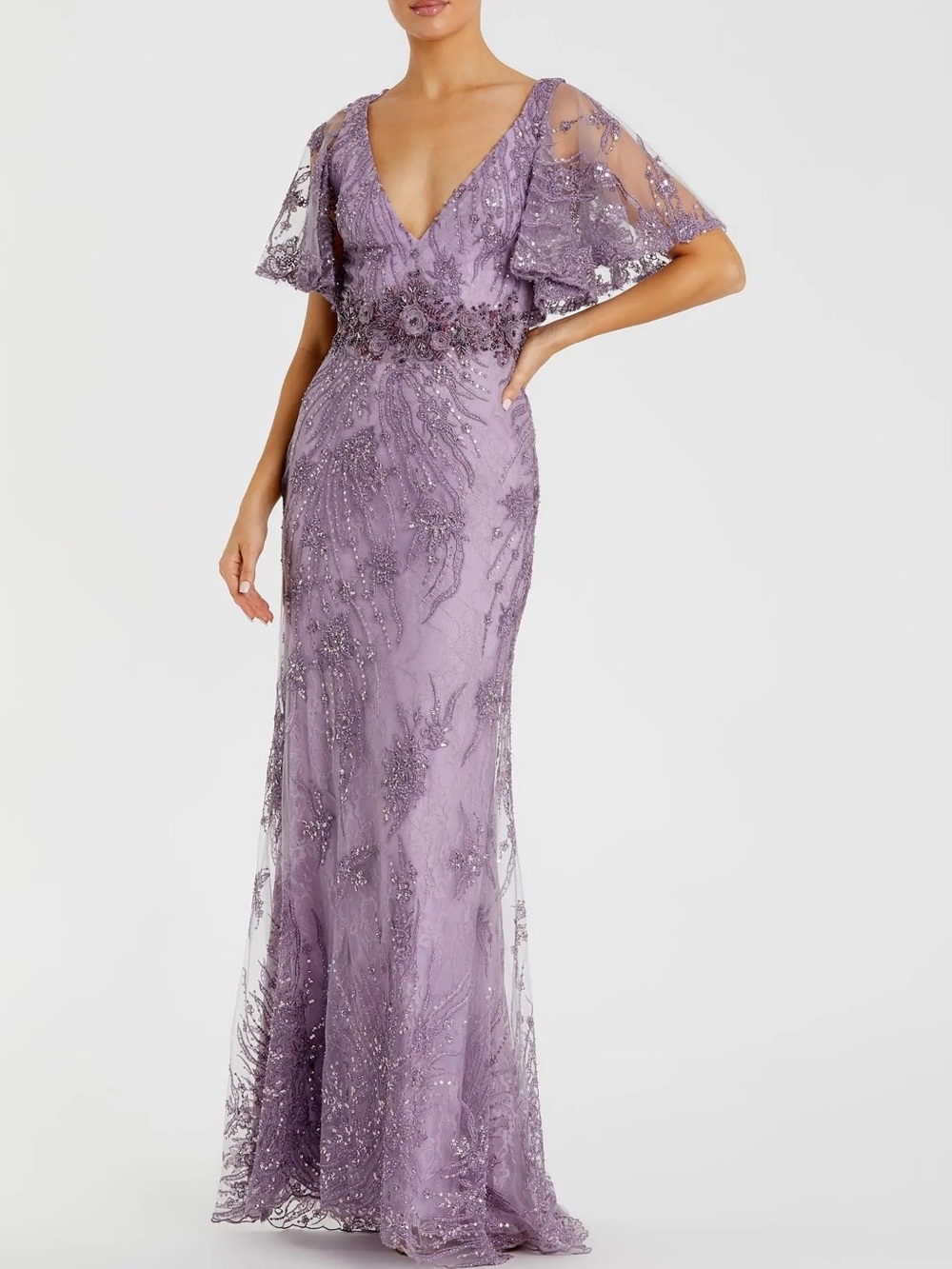 MAC DUGGAL Purple Embellished Flutter Sleeve Evening Gown